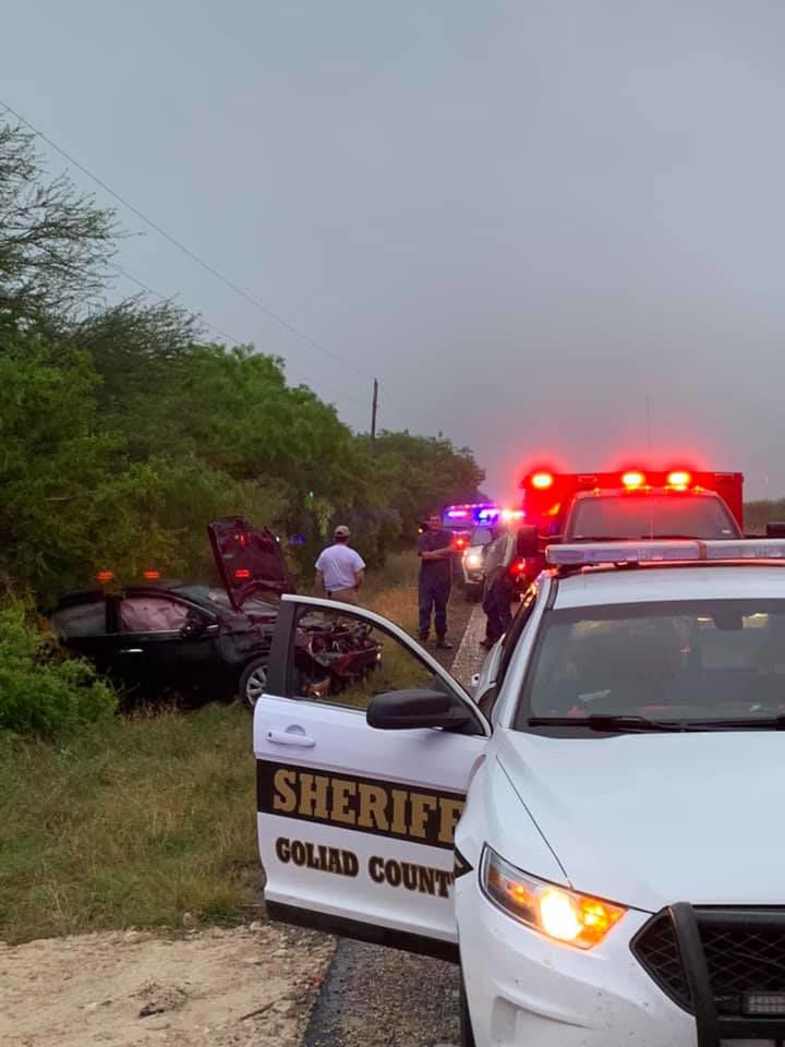 Goliad County deputies secure the scene of a 1-vehicle crash